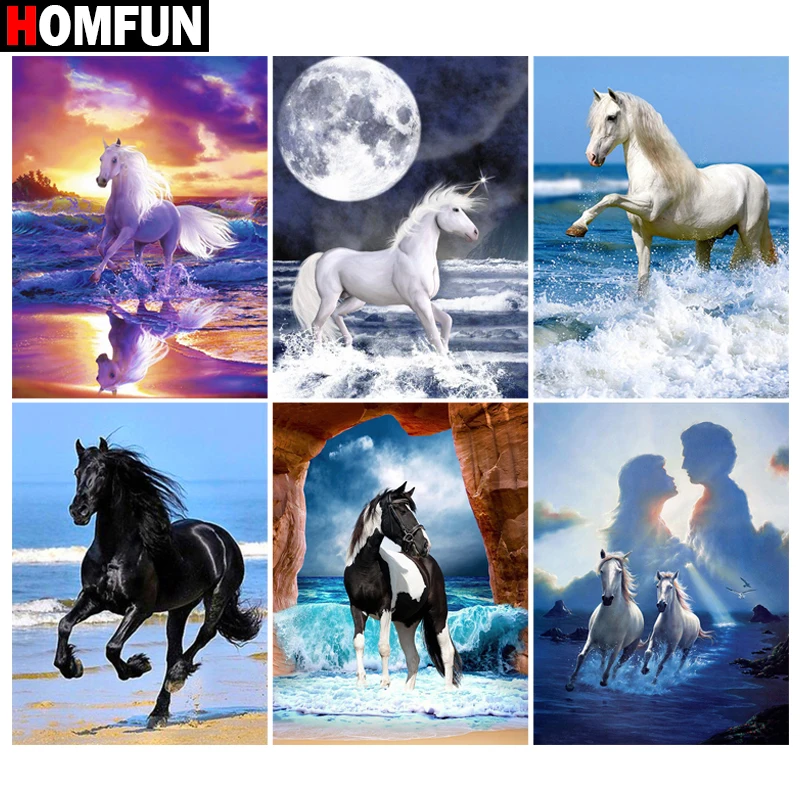 

HOMFUN Paint With Diamond Embroidery "Horse moon animal sea" Diamond Painting Full Square Round Picture Of Rhinestone Decor