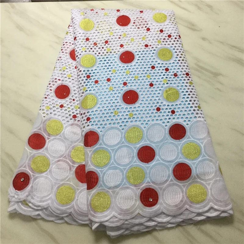 

5Yards/pc Round Pattern Embroidery African White Mesh Cotton Fabric Flower Swiss Voile Dry Lace For Dressing PL11501