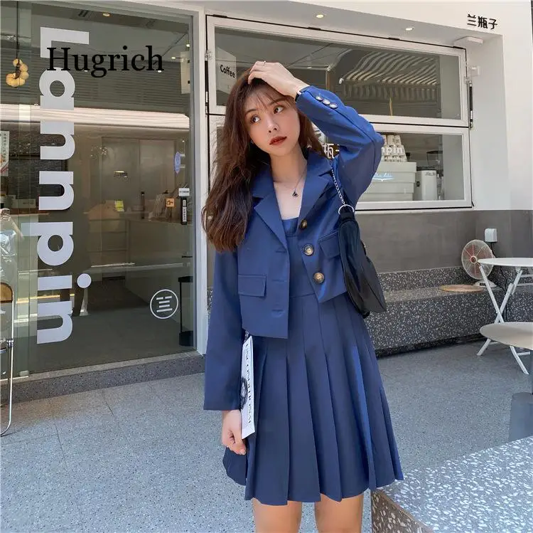 

Autumn Winter Two Piece Set Women Vintage Blazer Coat + Pleated Sexy Spaghetti Strap Mini Dress Suits 2 Piece Set Womens Outfits