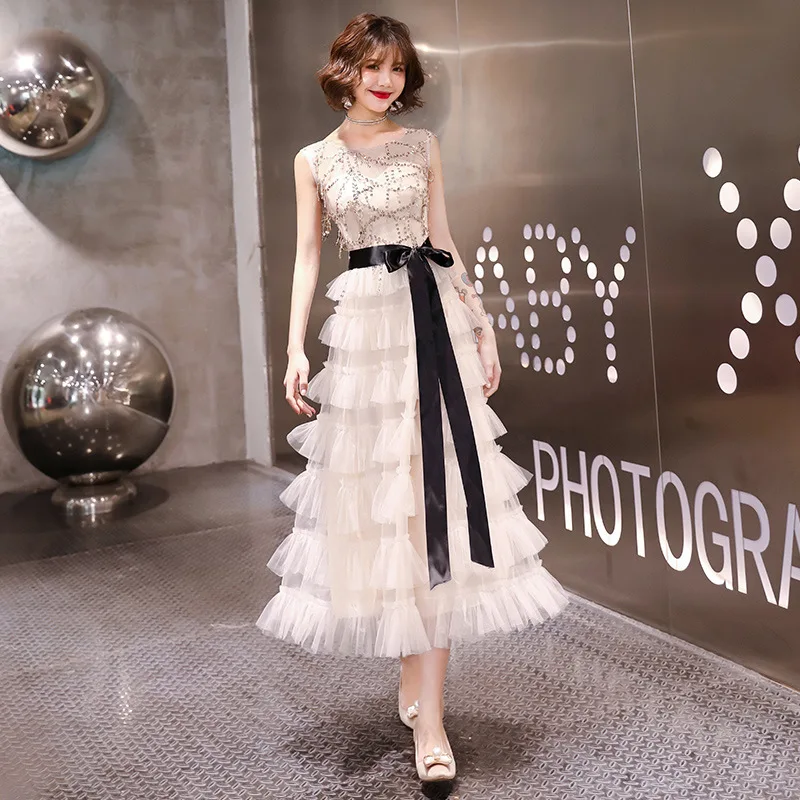 

Evening Dress O-neck New Sequins Tiered A-line Ankle-length Plus Size Customized Champagne Formal Dresses 2020 R1518 Vestidos