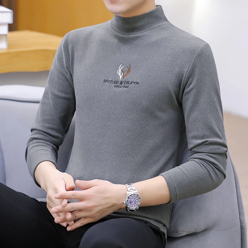 

Men Thermal Underwear Turtleneck Tops Spring Autumn Bottoming Long Sleeves High Elastic T Shirts Solid Casual Pullovers