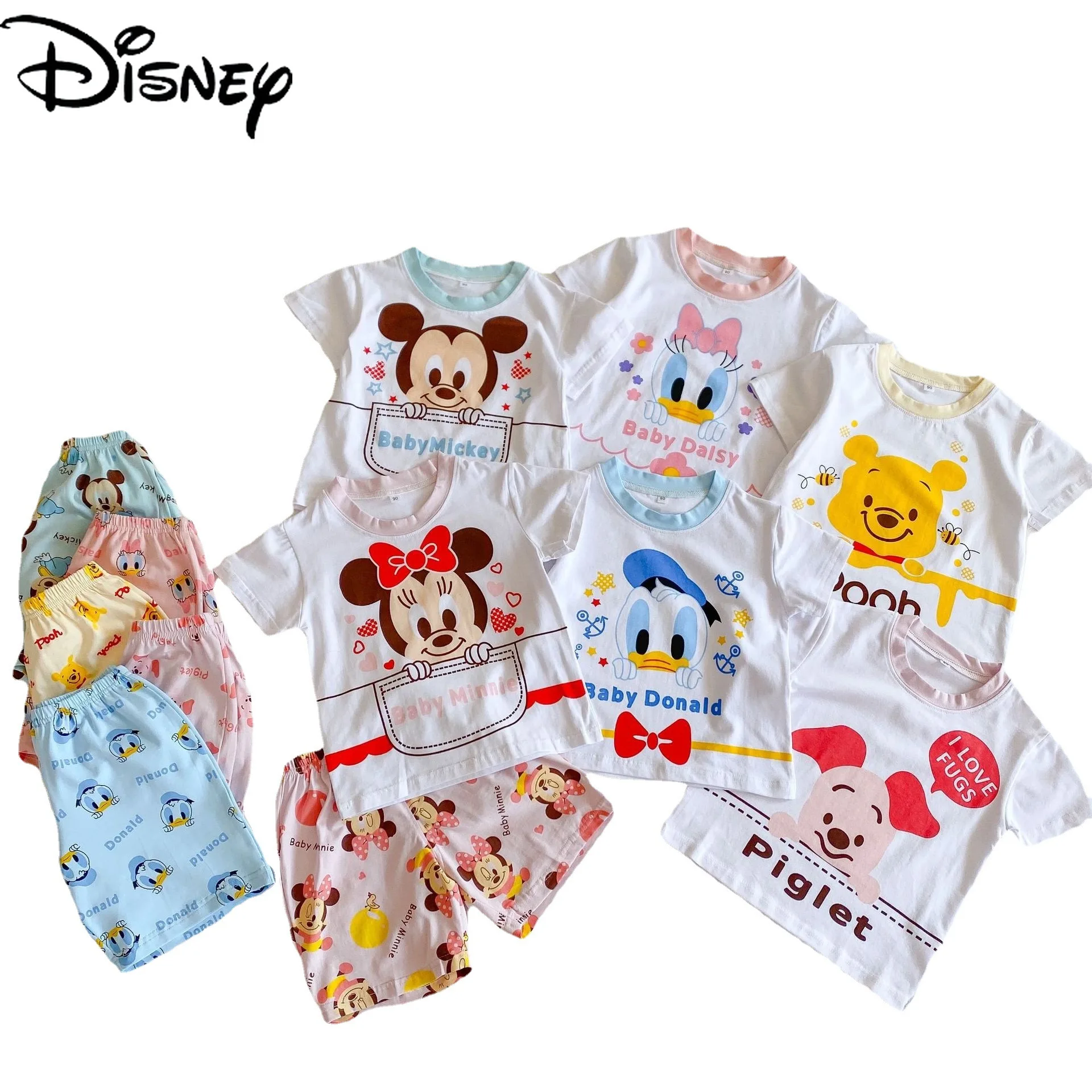 

Original Disney Mickey Mouse Minnie Winnie the Pooh Summer Cartoon Short Sleeve Suit Cotton Boys and Girls Cute Homewear