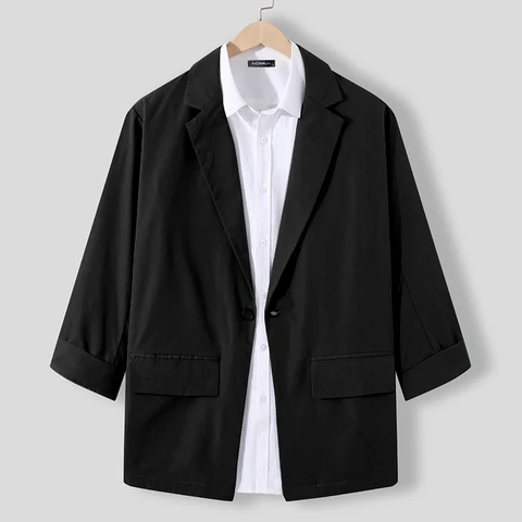 Модный мужской блейзер INCERUN, уличная одежда, однотонный, с лацканами и рукавом 3/4, костюмы для отдыха на одной пуговице, мужские повседневные тонкие куртки 2023, женский