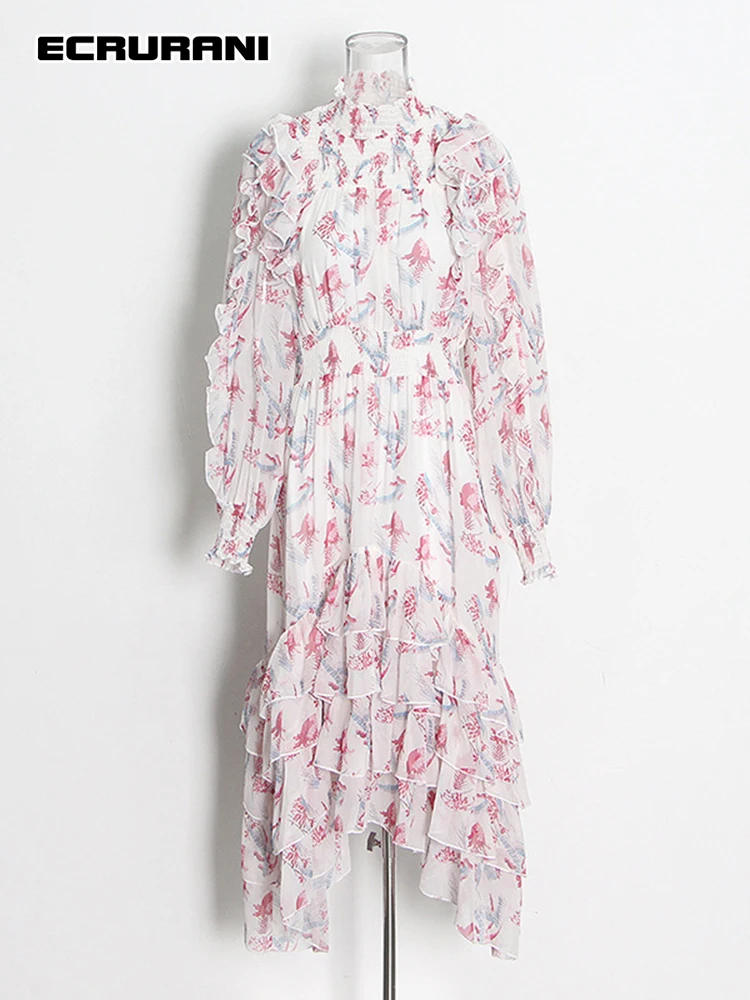 

Повседневное свободное платье-миди ECRURANI с цветочным принтом для женщин, платье с воротником-стойкой и длинным рукавом, платья с высокой тал...