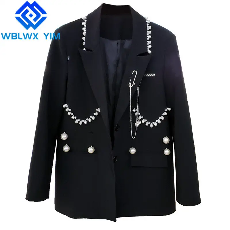 

Женский однобортный Блейзер, блейзер с бисером, модный костюм с украшением в виде железной цепочки, куртка, уличная одежда, блейзеры, пальто ...