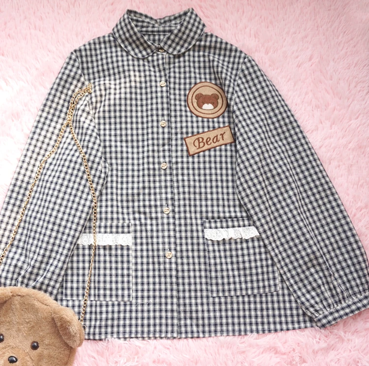 Японская Осенняя Новая женская рубашка с длинным рукавом милый медвежонок