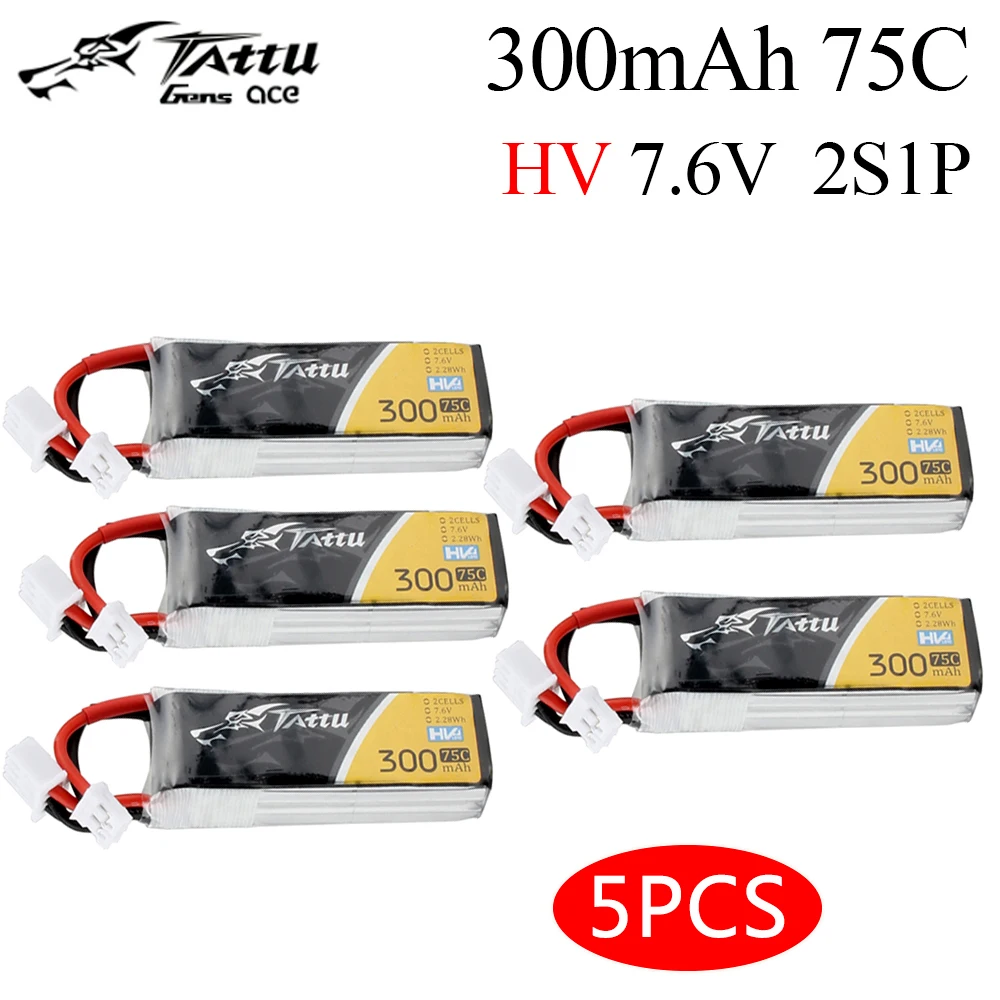 TATTU-bater&iacute;a Lipo 300mAh 7,6 V 75C 2S con conector de enchufe PH2.0 para cuadric&oacute;ptero de carreras RC FPV, 5 uds.-0