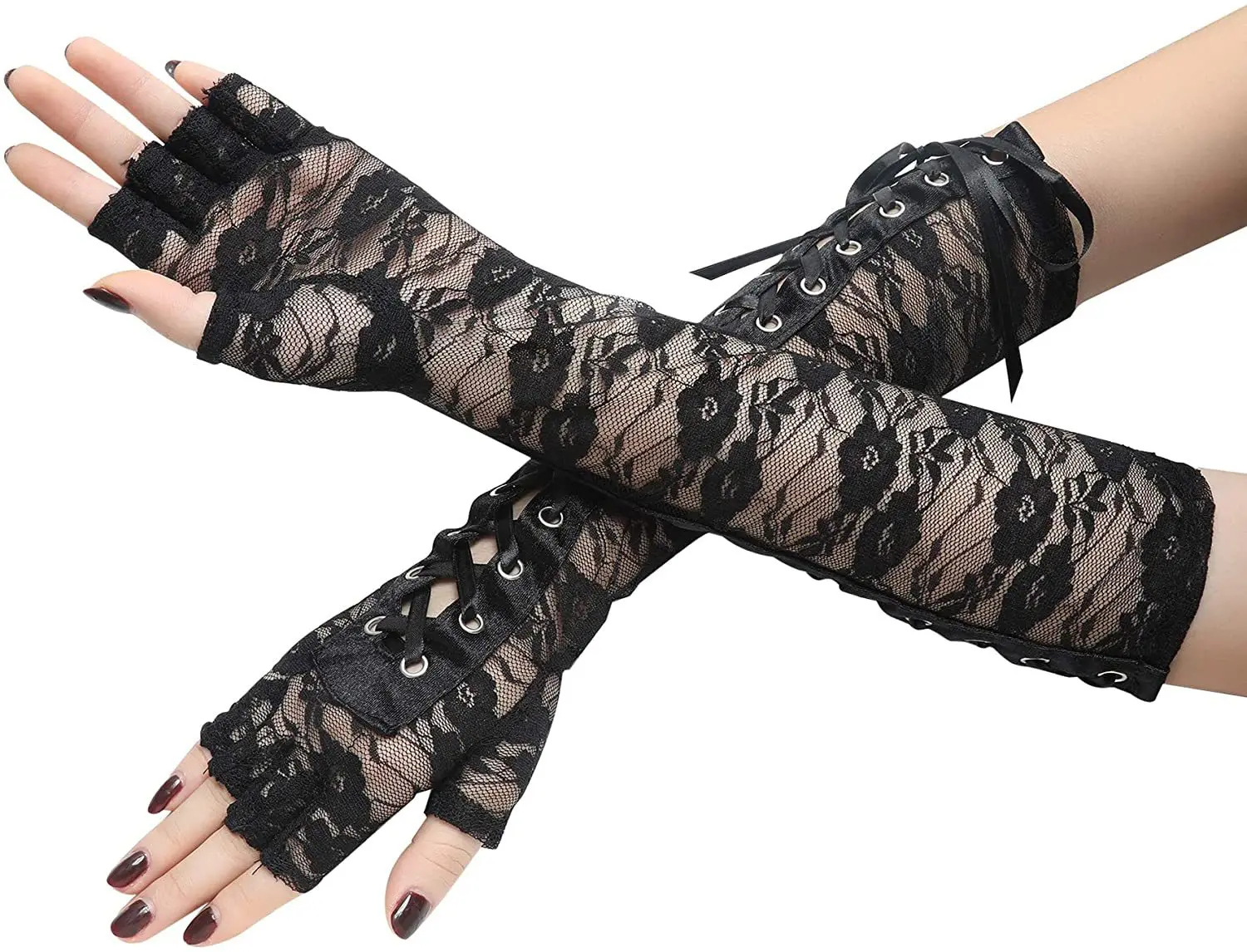 

European and American Sexy Lace Bandage Gloves Long Fun Temptation Ribbon Etiquette Ball Gloves Hand Sleeves Fingerless Mittens