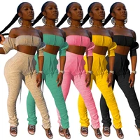 long sleeve crop top stacked pants sets elegant solid elastic hight streetwear outfit fashion workout matching sets plus size