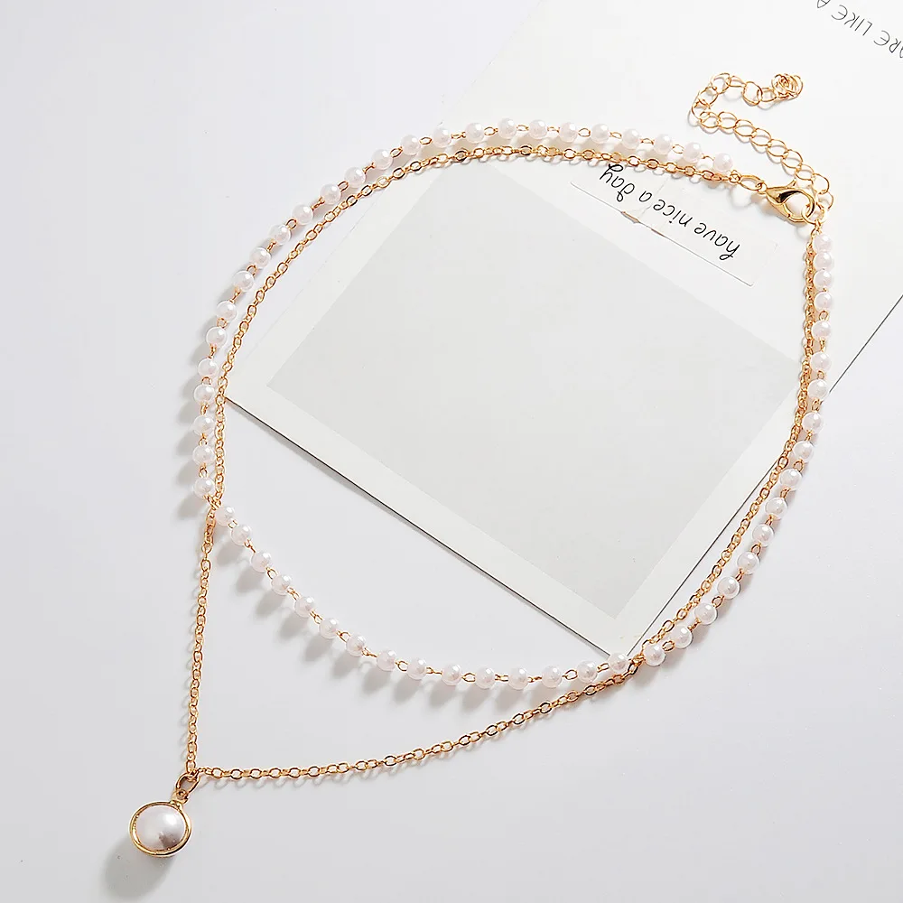 

New Simple Double layer Chain Necklace Lady Korean Pearl Pendant Necklace Fashion Jewelry Collar Sweater Chain