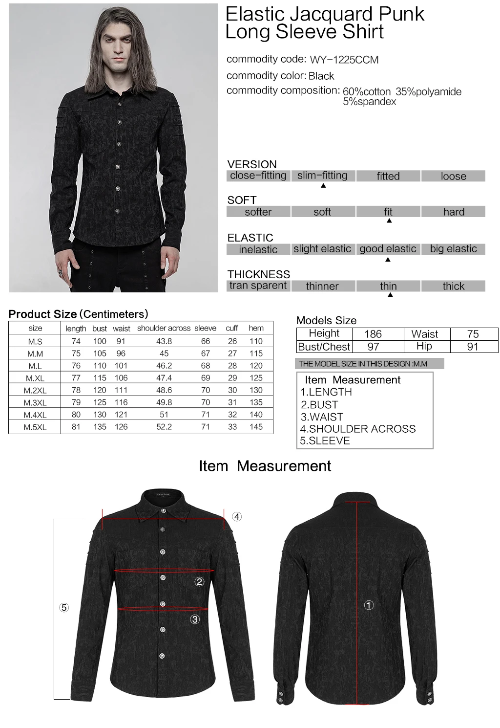 

PUNKRAVE Men's Punk Simple Long Sleeve Shirt Gothic Stretch Jacquard Slim Casual Blouses