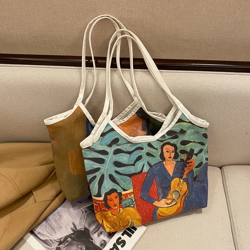 

2021 New Women Oil Painting Bag Tide Large-Capacity Shoulder Bag Female Portable Fashion Girl Canvas Shopping Tote Bag Crossbody