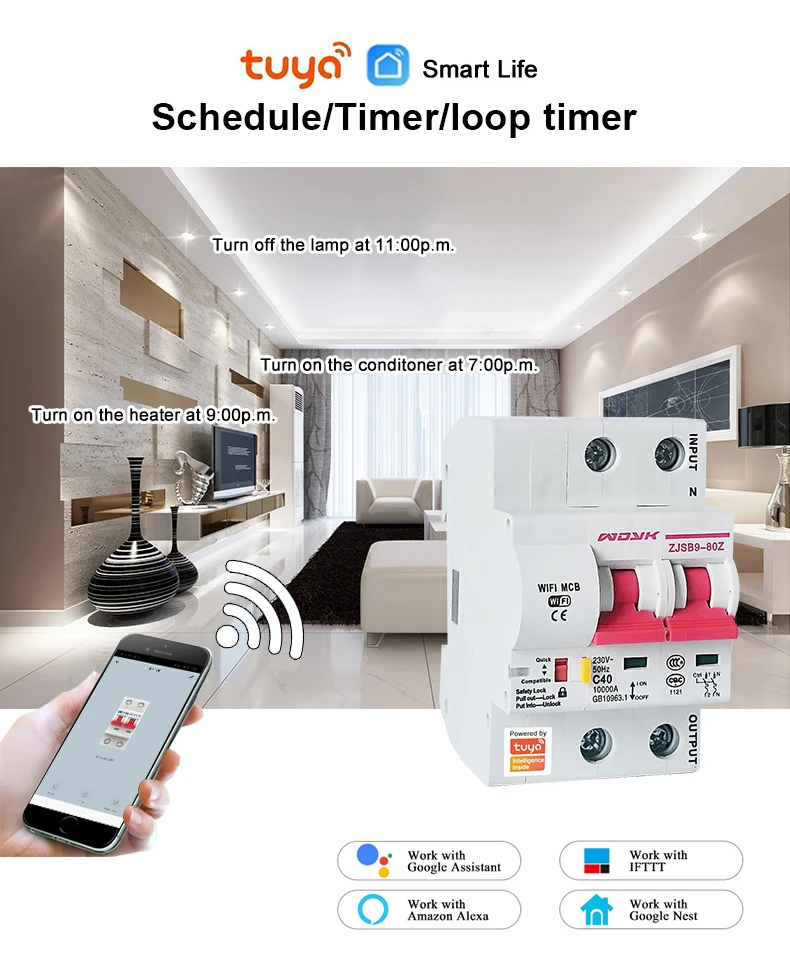 Tuya(Smart Life) 2P 63A WiFi умный автоматический выключатель защита от перегрузки короткого замыкания Amazon Alexa Google home для умного дома