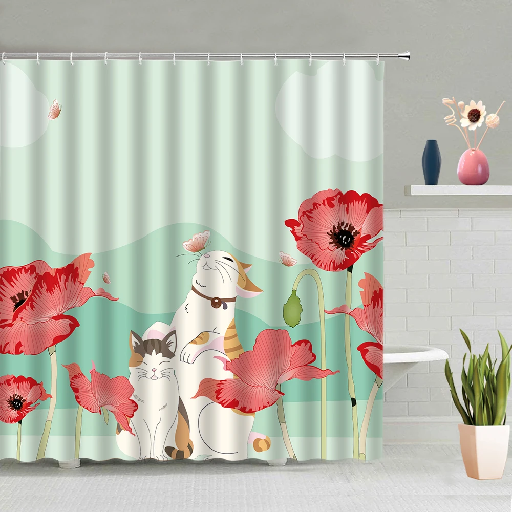 

Cartoon Children Room Decor Shower Curtain Animal Flower Plant Couple Dream Girl Living Room Decoration Hanging With Hooks Set