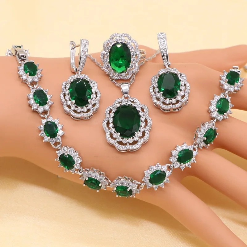

Green Semi-precious Women 925 Silver Wedding Jewelry Sets Earrings For Women Bracelet Necklace Pendant Ring Birthday Gi