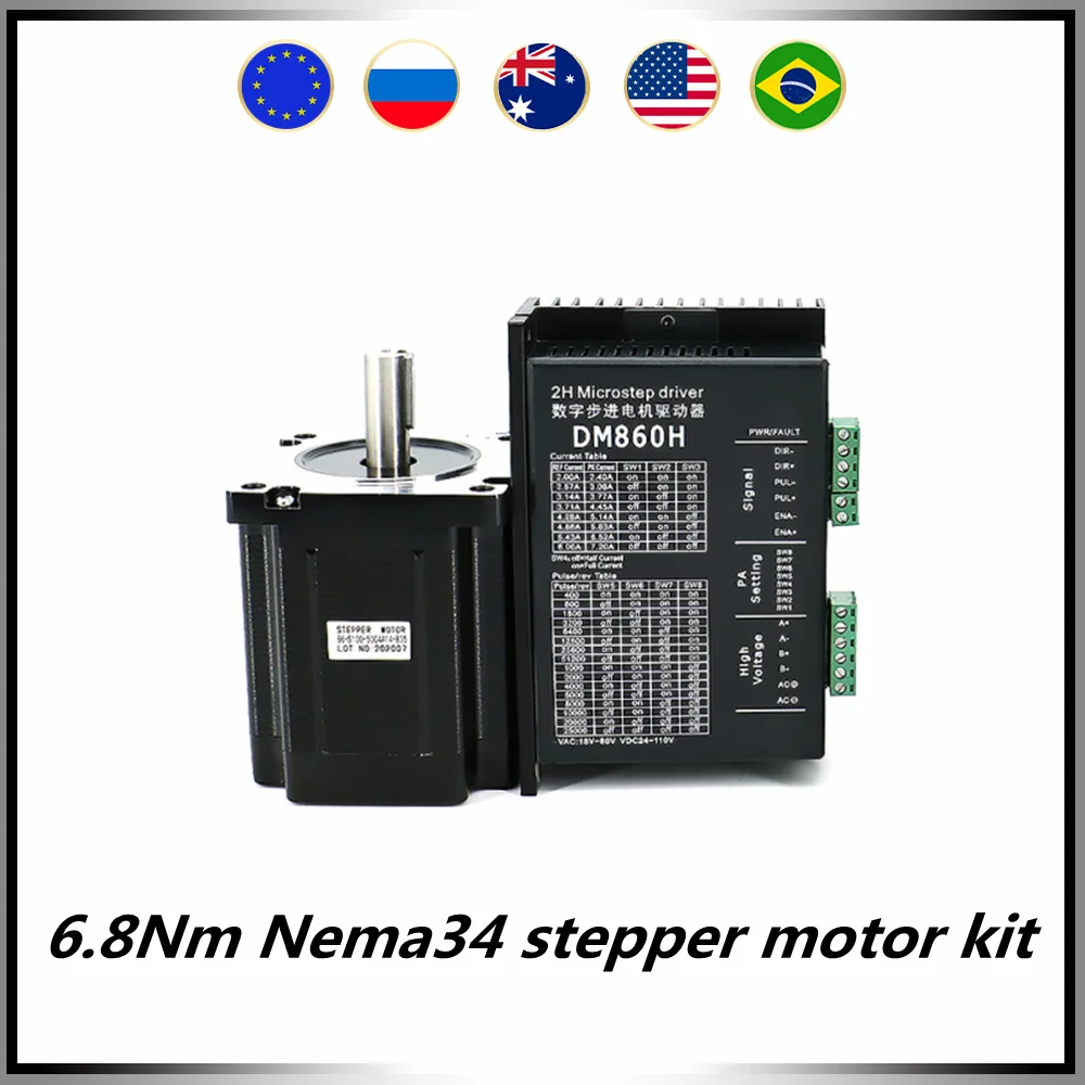 

Stepper motor set Nema34 86 flange 6.8Nm 14mm with 5mm key + DM860H 2phase Microstep driver VAC 18-80V VDC 24-110V