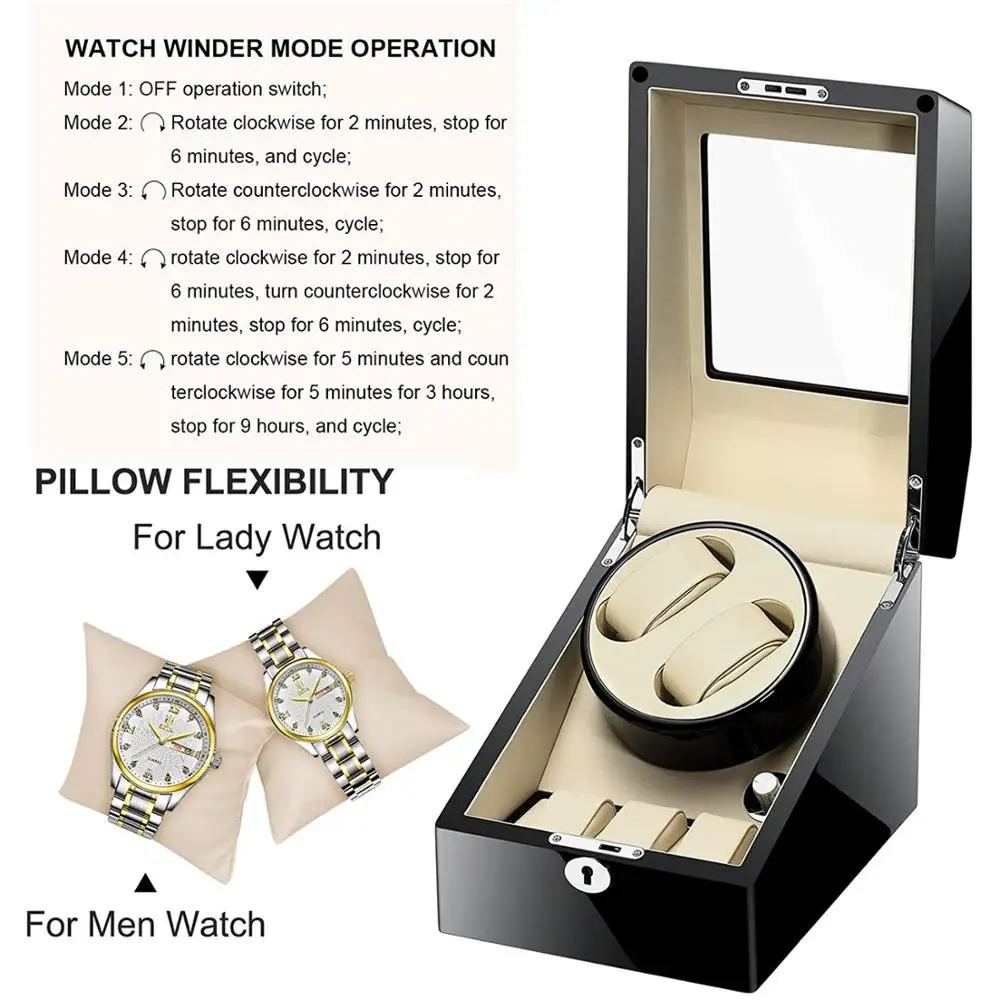 

Watch Box Automatic Winder Rotator Leather Watch Winding Storage Case 2+3 Display Box Organizer Quiet Japanese Mabuchi Motor