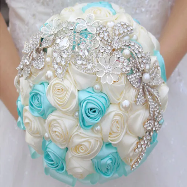 

20cm Europe TIff Pearl Rhinestone Artificial Rose Bridal Flower Bouquet Ideas Wedding Decor Ivory Blue Purple F1475