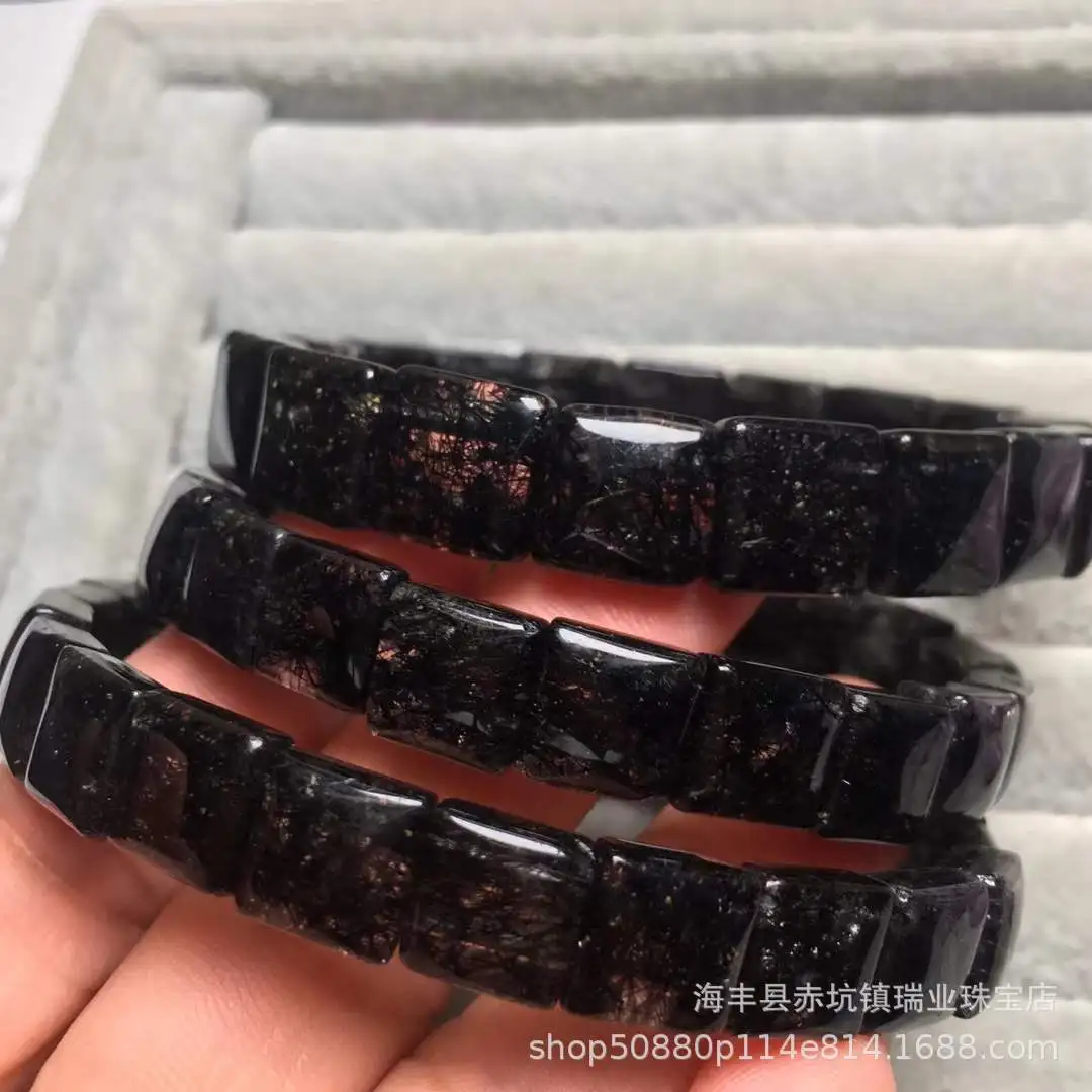 

Natural Black Rutilated Quartz Crystal Bracelet Bangle Genuine 9x9mm Clear Rectangle Beads Stretch Women Men Brazil AAAAAA
