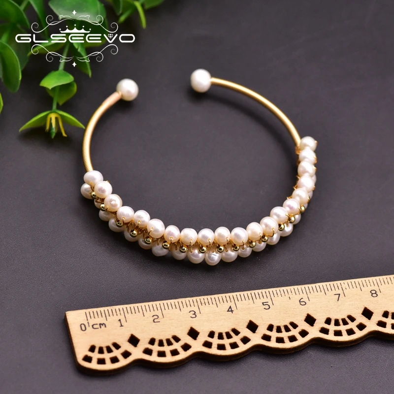 

GLSEEVO Handmade Natural Fresh Water Pearls Double layer Cuff Bracelets&Bangle For Women Wedding Girls Classic Jewellery GB0210A