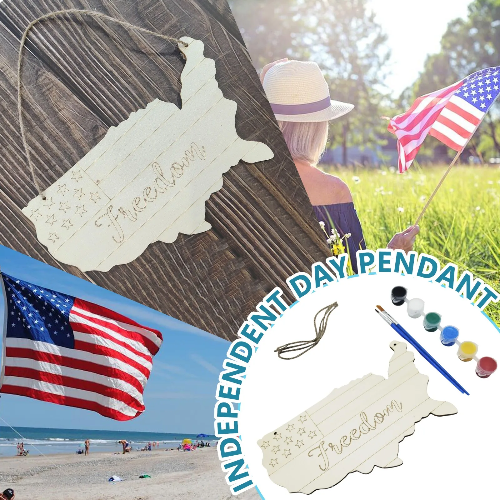 

1pcs independence Day Wooden Pendants Hanging Ornaments DIY Wood Crafts For Home Christmas Party New Year Decorations