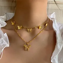 Женское Двухслойное ожерелье с подвеской бабочкой золотистого