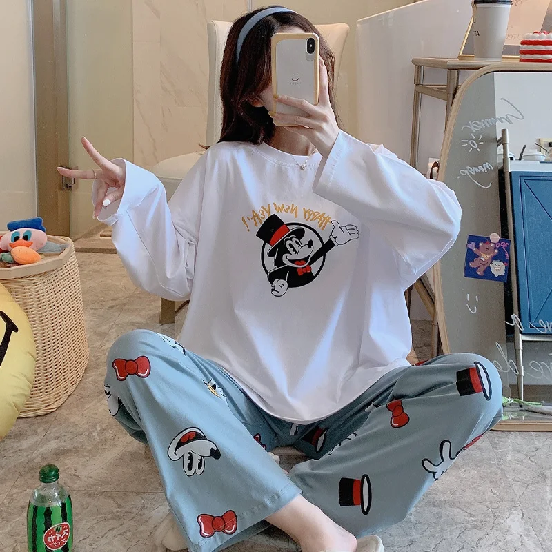 

Осенне-зимний пижамный комплект Disney с Микки Маусом, женская Свободная одежда для сна из 100% хлопка, пижамный комплект, эластичная одежда для ...