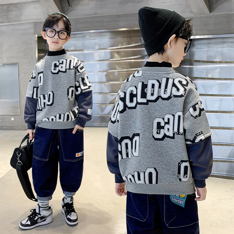 

Молодежный модный спортивный пуловер с надписью, Зимний Детский свитшот для мальчиков, хлопковый плотный топ с бархатной подкладкой синего...