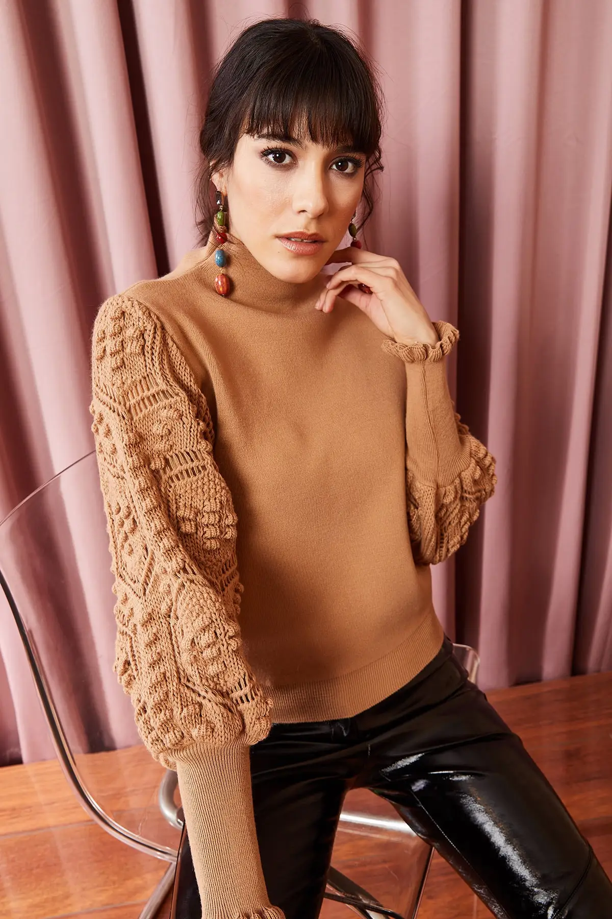 Women's Milk Coffee Sleeve Soft Textured Knitted Sweater taylor Women Sweater 2021