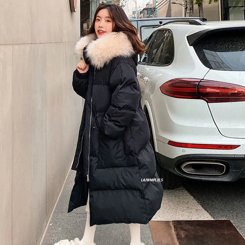 

Long Winter Down Cotton Jacket Women Loose Large Fur Collar Hooded Coat Female Warm Thicken Overcoat Winter Jacket Padded