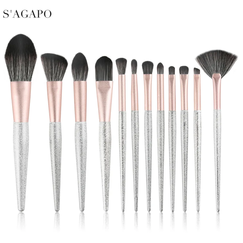 

S'AGAPO New 12PCS Glitter Makeup Brushes Set Eyeshadow Eyeliner Foundation Blush Concealer Professional Beauty Fan Makeup Brush