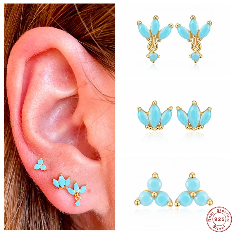 

Aide 925 Sterling Silver Turquoise Crown Stud Earrings For Women Bohemian Tiny Blue Zircon Second Hole Ear Studs Jewelry Set