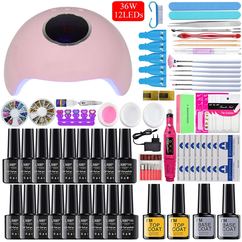 36W choose 18 colors Набор для ногтей с 80/48/36 Вт Сушилка для ногтей 18/10 Гель-лак для ногтей Набор лаков, набор для ногтей, набор инструментов для пилочка для ногтей верхнее покрытие Базовое покрытие - Цвет: 36W choose 18 colors