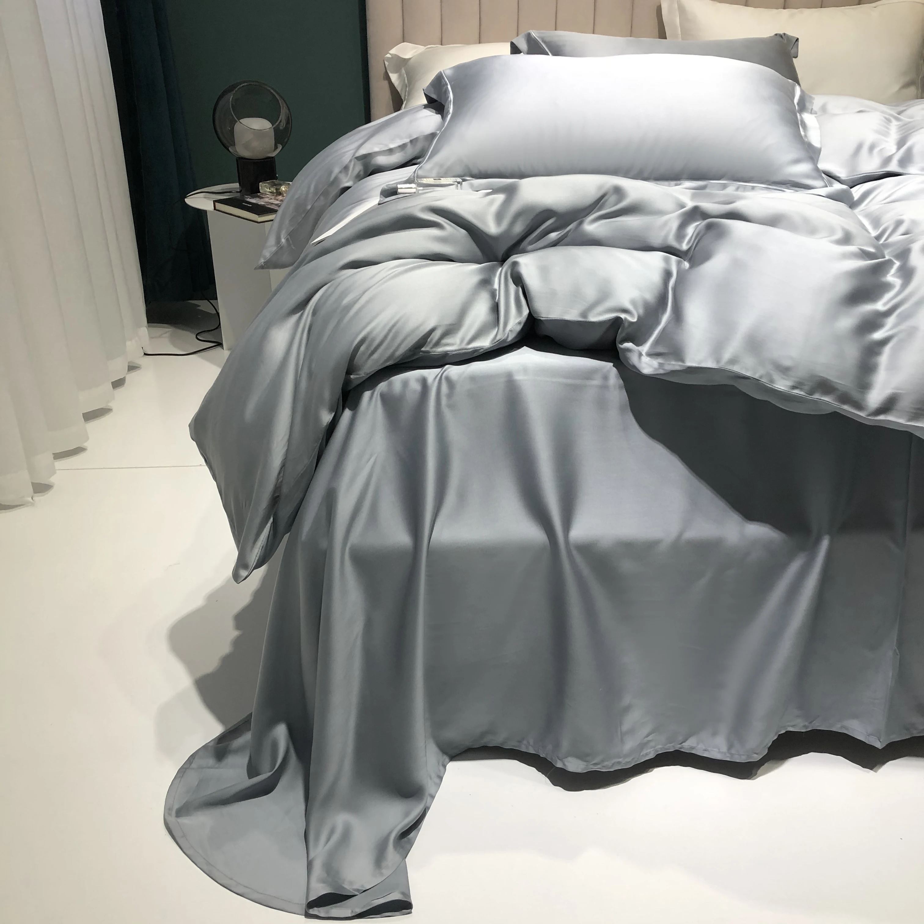 

SlowDream Women Gray Premium 100% Silk Bedding Set Healthy Silky Duvet Cover Pillwocase Queen King Flat Sheet For Deep Sleep