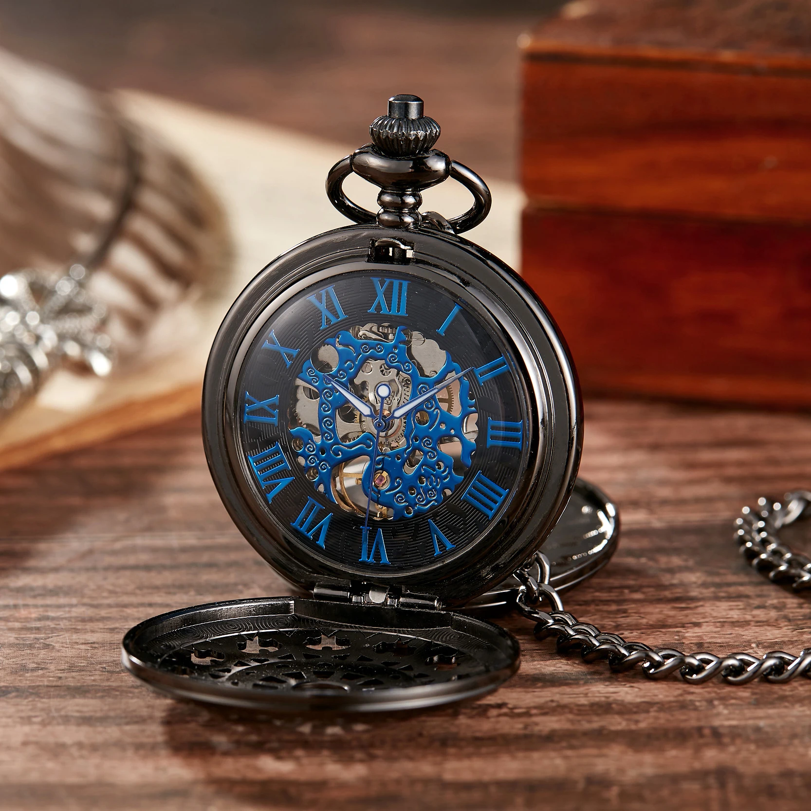 Роскошные полые резные антикварные черные карманные часы-брелок часы с римскими