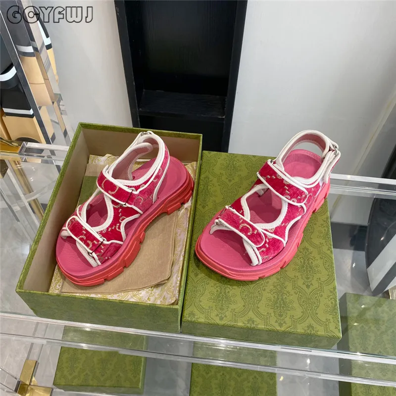 

Thick-Soled Hook&Loop Women Sandals Letter Print Female Casual Flat Sandals Genuine Leather Fashion Hot Sale Mujer Tide Shoes