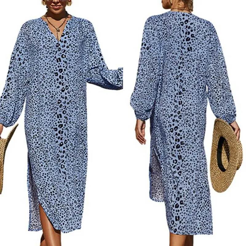 

Women Summer Fashion Printing Long Sleeve Dress Hem Slit Lantern Cuffs Casual Dresses fashion loose O-Neck Mid-Calf
