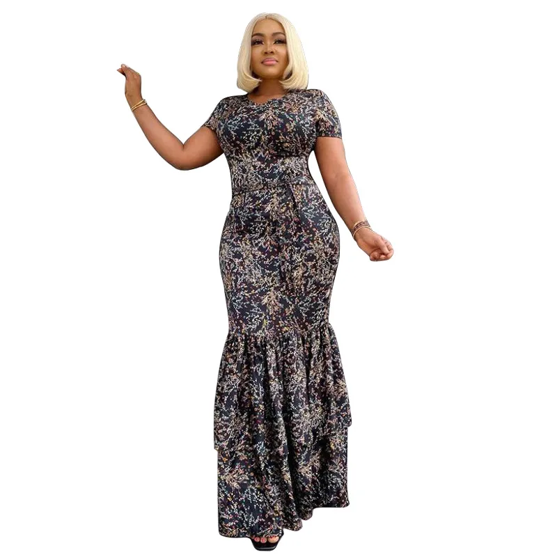 

Plus Size O-neck Women Printing Ankle-length Dress 2021 Spring Hot Selling Short Sleeve Bodycon Ruffles Female's Mermaid Dresses