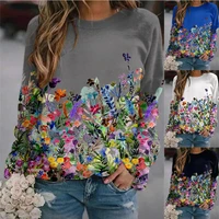 2021 autumn and winter womens flower print top loose long sleeved round neck sweater womens casual pullover all match t shirt