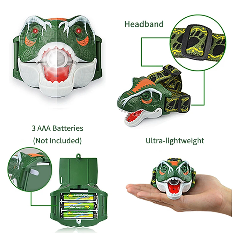 Налобный фонарь T Rex с динозавром для детей светодиодный головной мальчиков