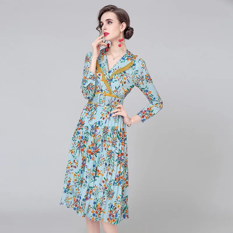 

Autumn Printed Long Sleeve Pleated Dress Suit Collar Socialite Office Lady Midi Dress Women Sashes Turn-down Collar Party Dress