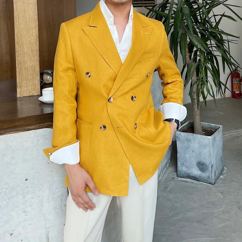 Летний бежевый льняной костюм для пляжа свадьбы мужской из 2 предметов