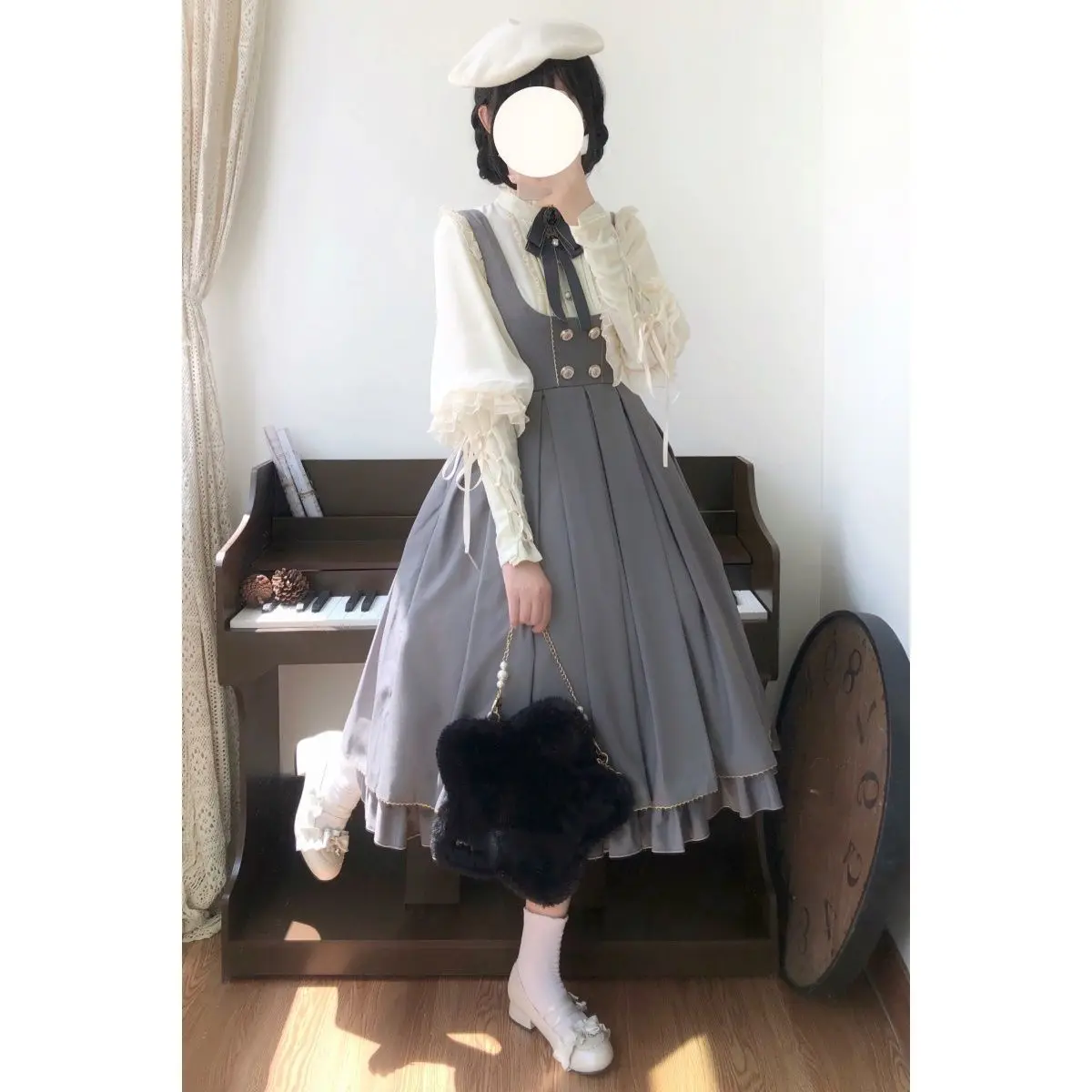 

Women Japanese Preppy Style Sleeveless Gray Dress Long Style Big Swing Pleated Dresses Retro Women Short Blazer