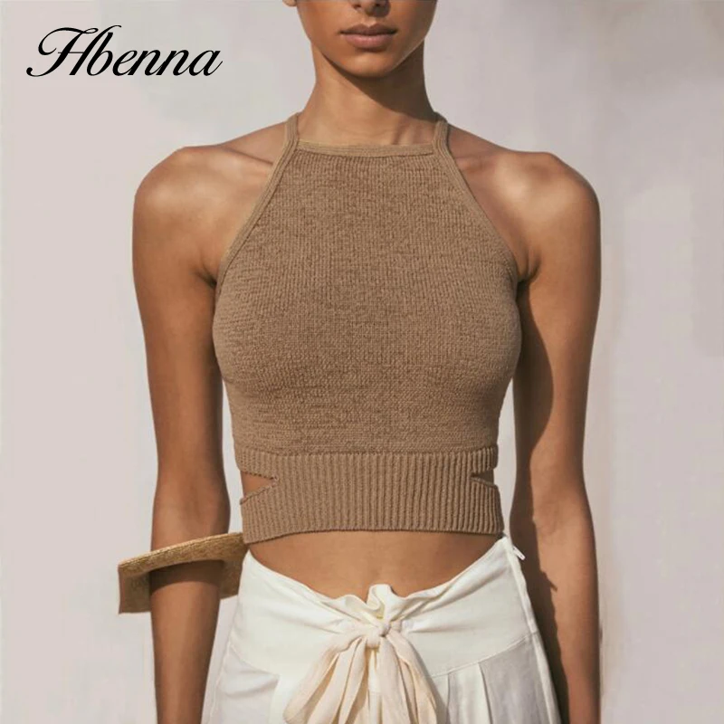 

Вязаный топик Hbenna, женский летний укороченный топ, однотонный, перекрещивающийся, с открытой спиной, кружевной, сексуальный, без рукавов