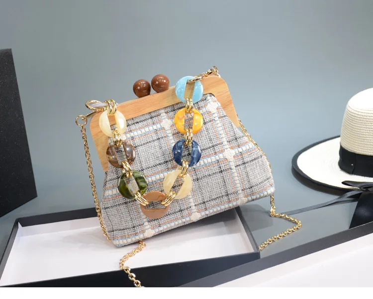 Bolsa de hombro, Сумка с акриловой ручкой, сумка на плечо с цепочкой, холщовая, в полоску, с деревянным зажимом, через плечо, сумки-мессенджеры для женщин