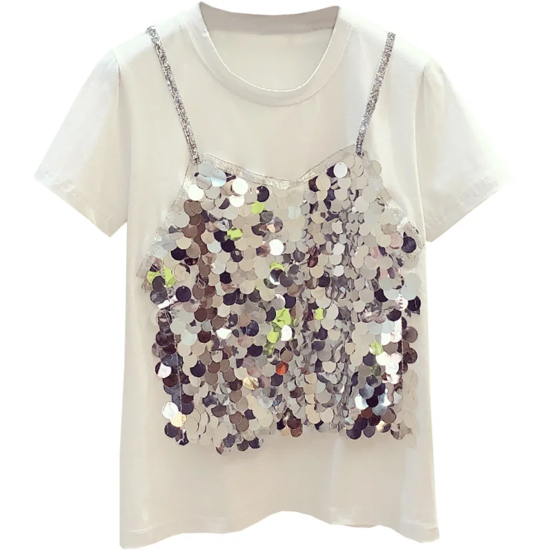 Футболка женская с коротким рукавом повседневный топ блестками круглым вырезом