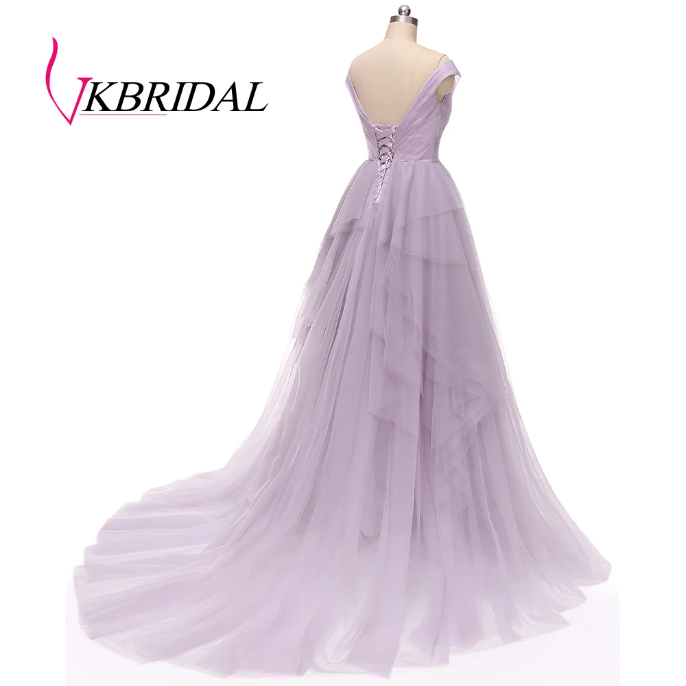 Длинное вечернее платье VKbridal серое/фиолетовое с открытыми плечами 2019 | Свадьбы и