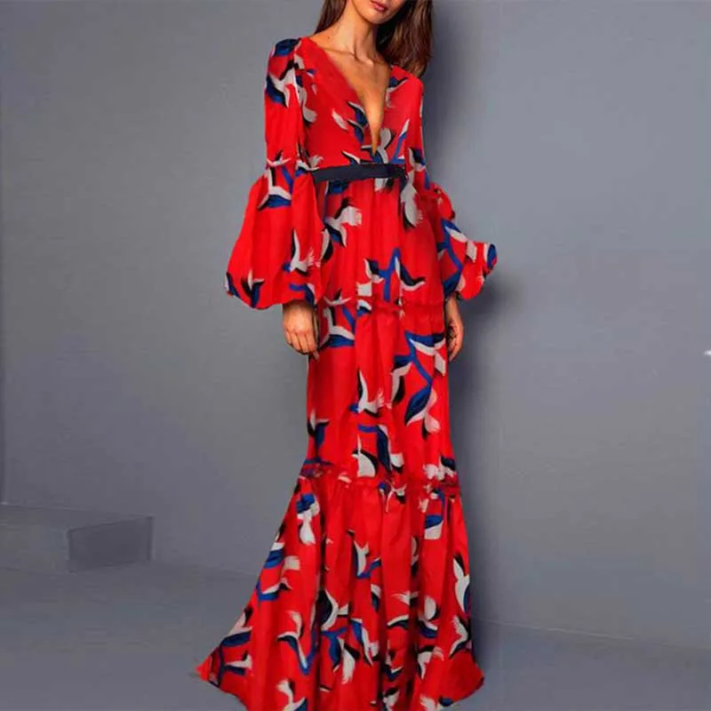 

Plus Size 2019 Women Summer Vintage Elegant Party Night Dresses Sexy V Neck Casual Long Sleeve Maxi Print Fashion Dress