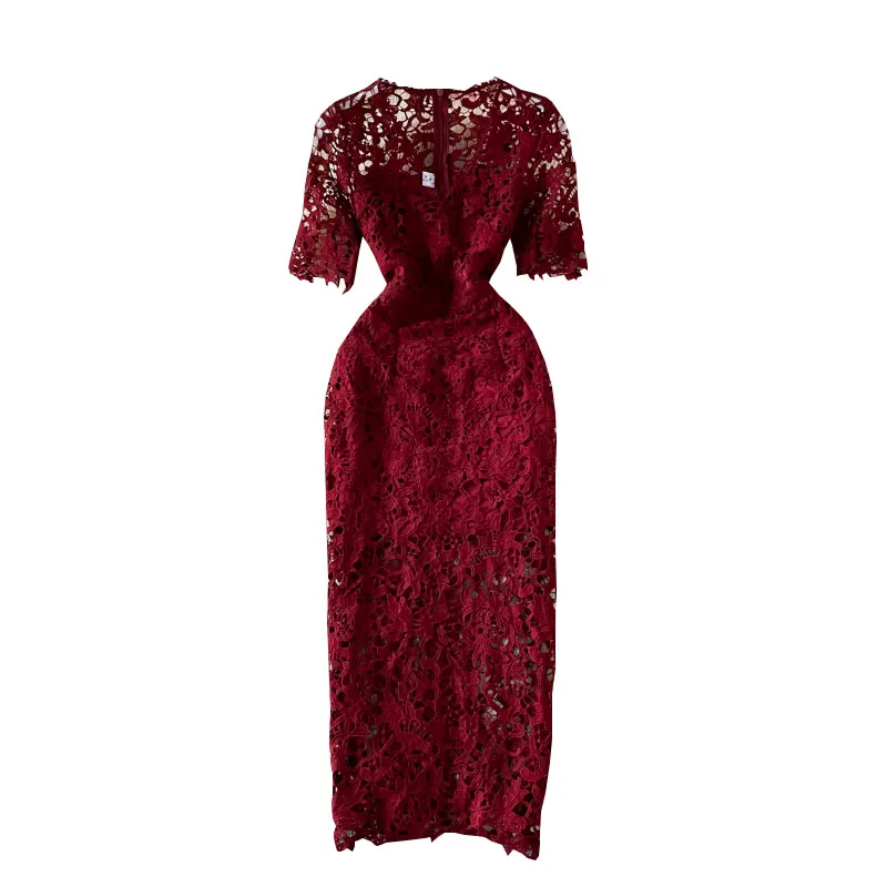 

Lace 2021 New Arrival Women Lace Dress Hollow Out Sexy Fashion OL Office Ladies Dress Mid Dress V-neck Vestidos Female Clothes