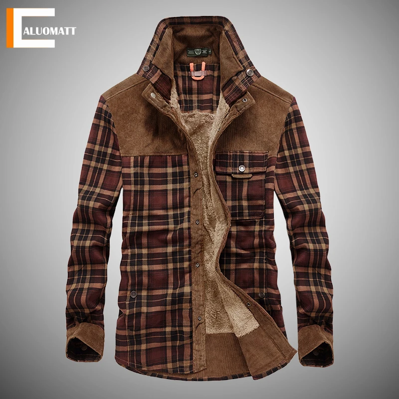 

Formal Plaid Shirt Men 2022 Winter Warm Fleece Thicken Single-breast Men's Shirts Long sleeve Patchwork Casual Brand Dress Shirt